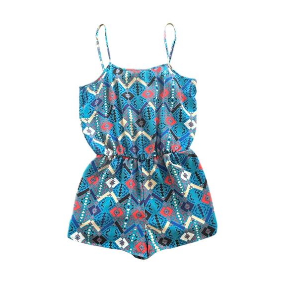 Forever 21 Blue Tribal Design Romper One Piece Summer Shorts Women's Size Small - Picture 2 of 9